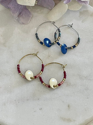 Blue sea beaded hoop earring - silver