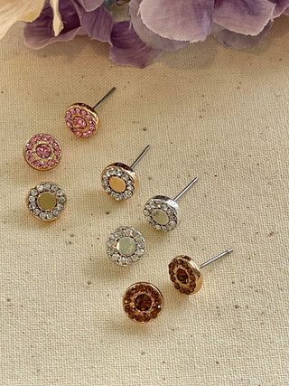 Bright clear crystal circle stud earrings - silver