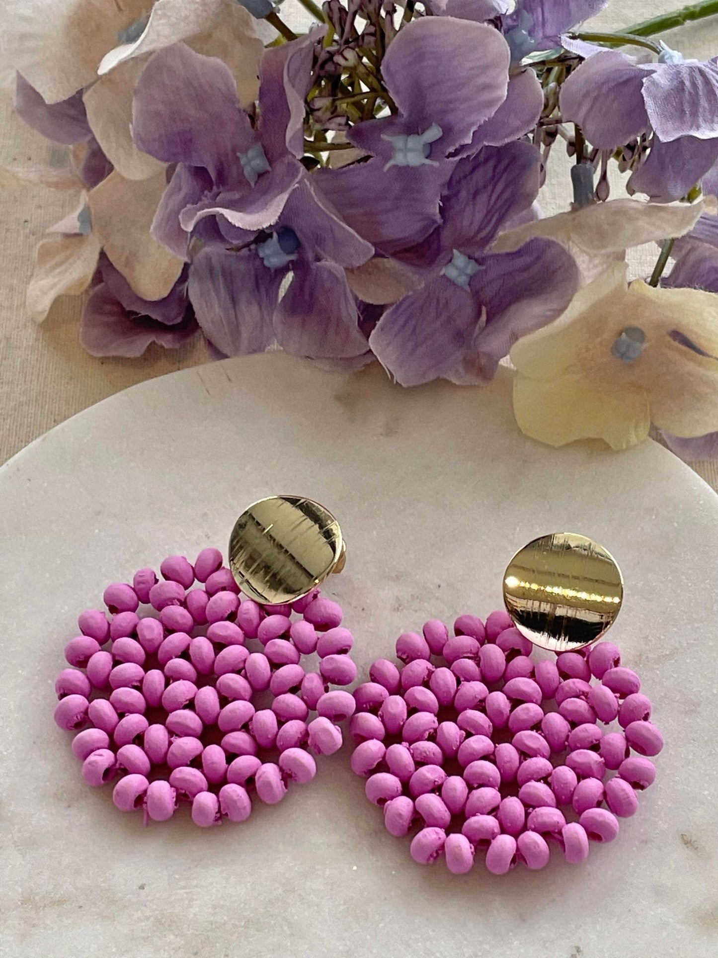 Wooden beaded circles with gold stud earring - purple
