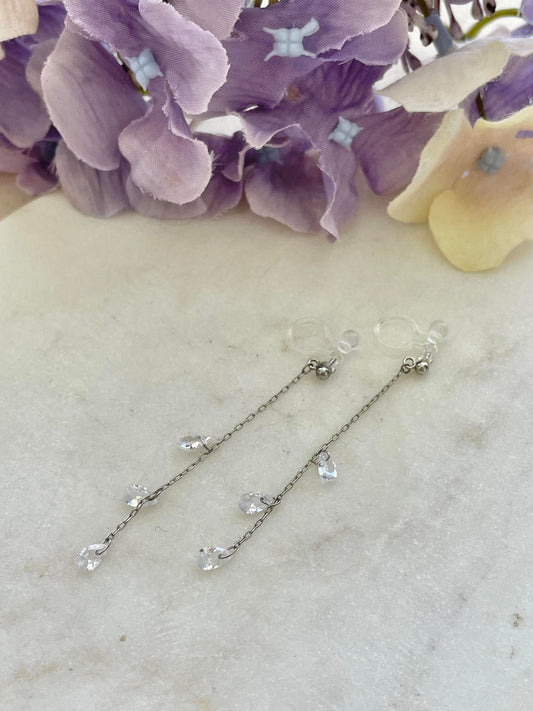 Long chain with crystal drop clip on earrings