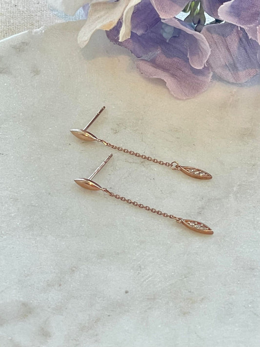Rose gold chain drop earrings with small leaf
