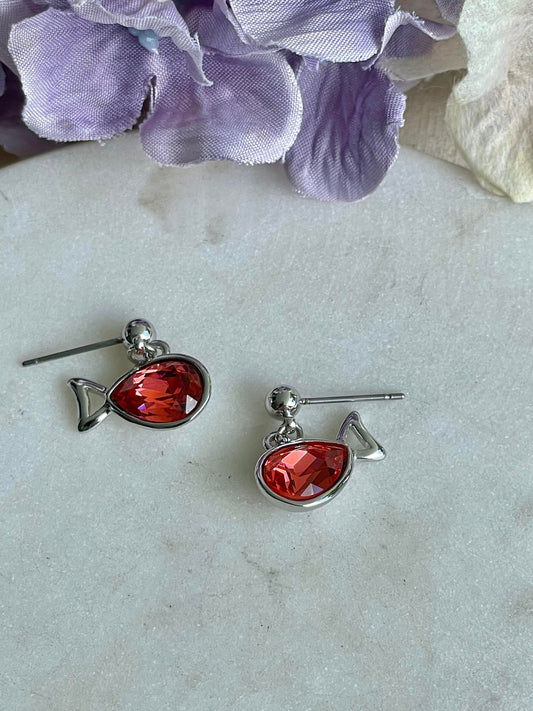 Lotus red sterling silver fish stud earring