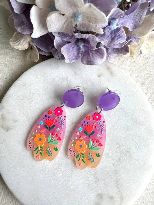 Studded Dangle Earrings - Purple Floral