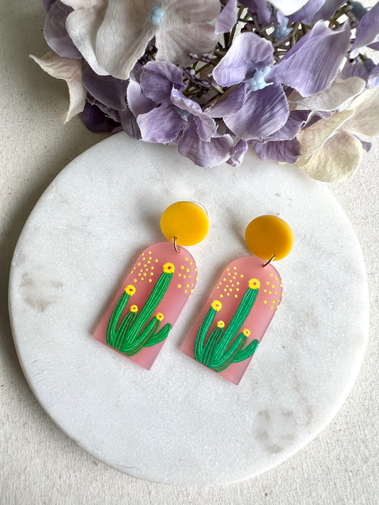 Studded Cactus Dangle Earrings - Pink