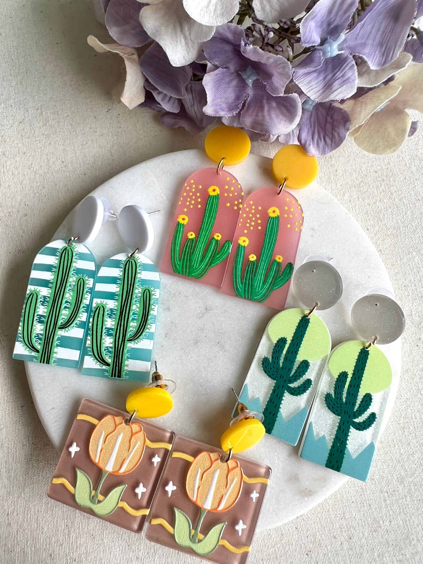 Studded Cactus Dangle Earrings - Waves