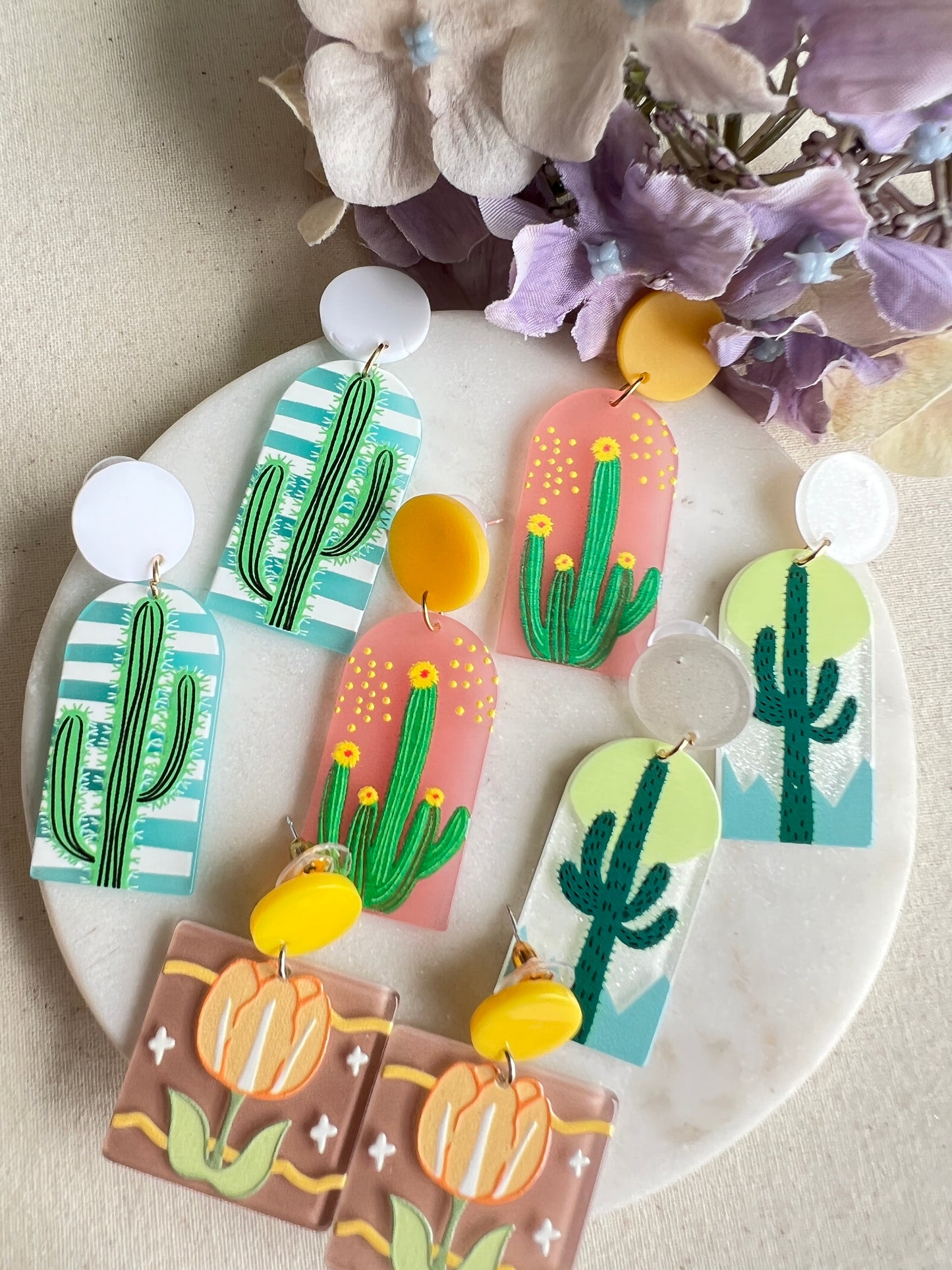 Studded Cactus Dangle Earrings - Waves