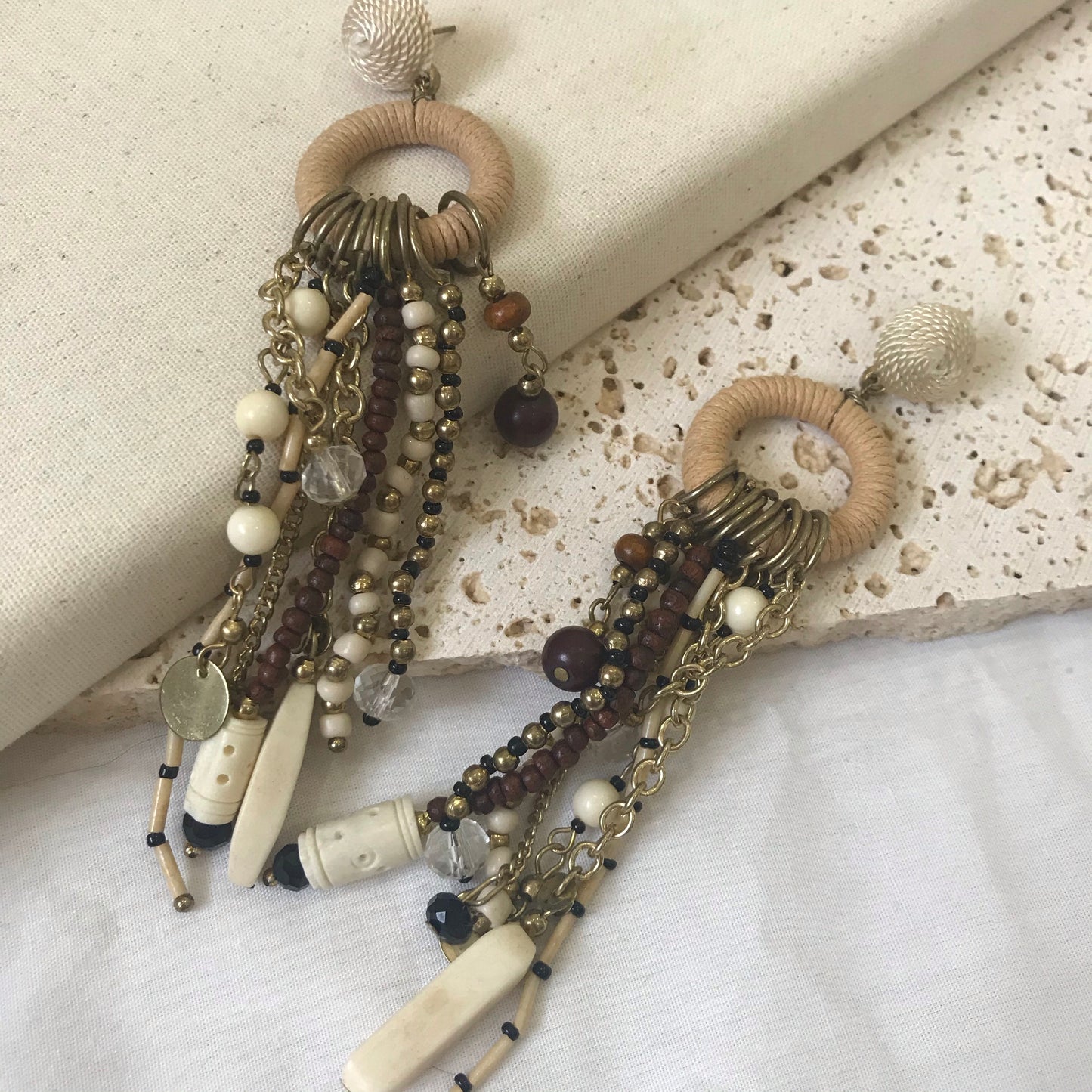 Brown rope and long beaded drop earrings