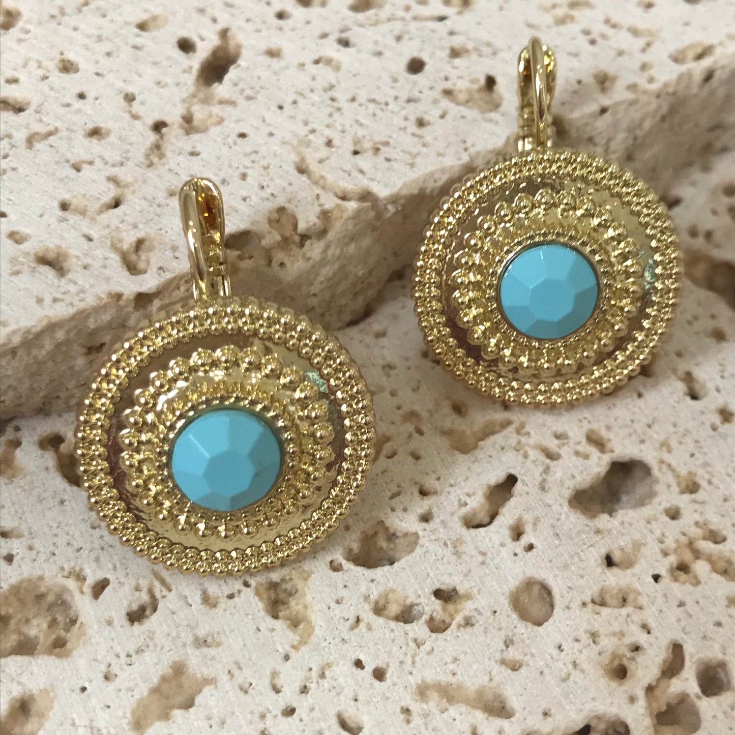 Dainty gold and aqua bead earrings
